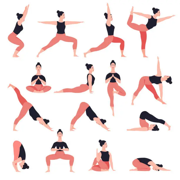 Vector illustration of Set of yoga poses. Healthy lifestyle. Female cartoon character demonstrating yoga positions. Vector flat illustration