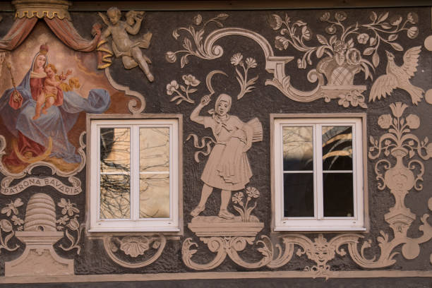 Garmisch-Partenkirchen, Germany - December 22,2021: The traditional mural style on the facades of buildings in the German federal state of Bayern.