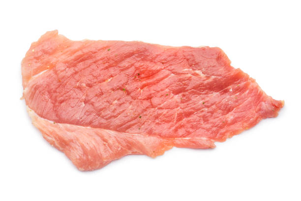 돼지고기 스테이크  - schnitzel cutlet meat isolated on white 뉴스 사진 이미지