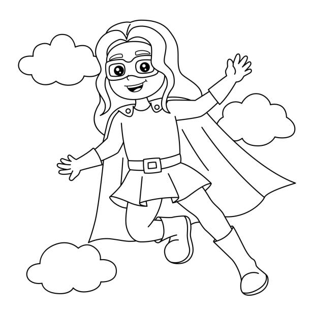 ilustraciones, imágenes clip art, dibujos animados e iconos de stock de dibujo para colorear de superhero girl para niños - niña y niño libro para colorear