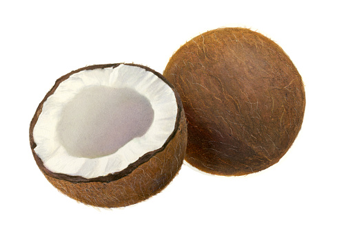 An illustration of a whole coconut, with a jagged half resting on the left side.