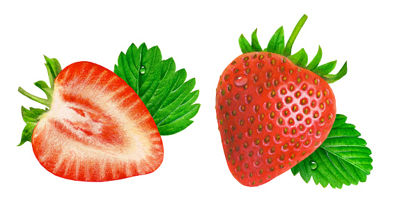 An illustration of a half strawberry and leaf on the left, as well as a whole strawberry and leaf on the right.
