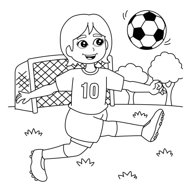 ilustraciones, imágenes clip art, dibujos animados e iconos de stock de dibujo para colorear de girl playing soccer para niños - niña y niño libro para colorear