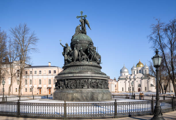 Millennium of Russia bronze monument in the Novgorod Kremlin with St. Sophia Cathedral in the background, Russia