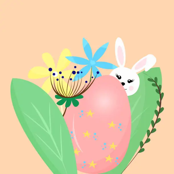 Vector illustration of Easter greeting card template. Vector design of a spring greeting card with an egg and a rabbit in flowers and leaves