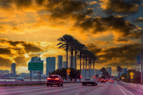 Dramatic sky over the highway in Miami at sunset. Florida, USA
