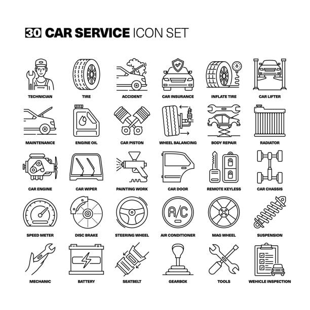 car service line icons set - sicherheitsgurt teil eines fahrzeugs stock-grafiken, -clipart, -cartoons und -symbole