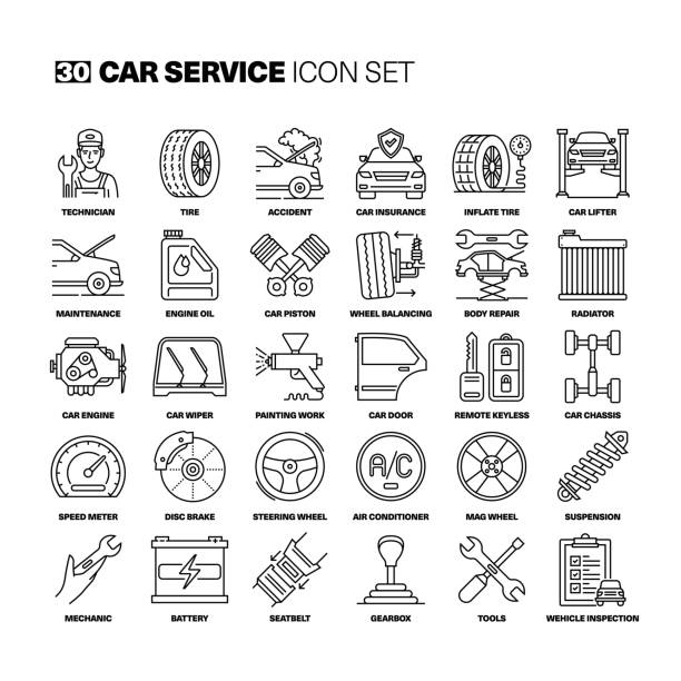 ilustraciones, imágenes clip art, dibujos animados e iconos de stock de conjunto de iconos de la línea de servicio de automóviles - car auto repair shop repairing accident