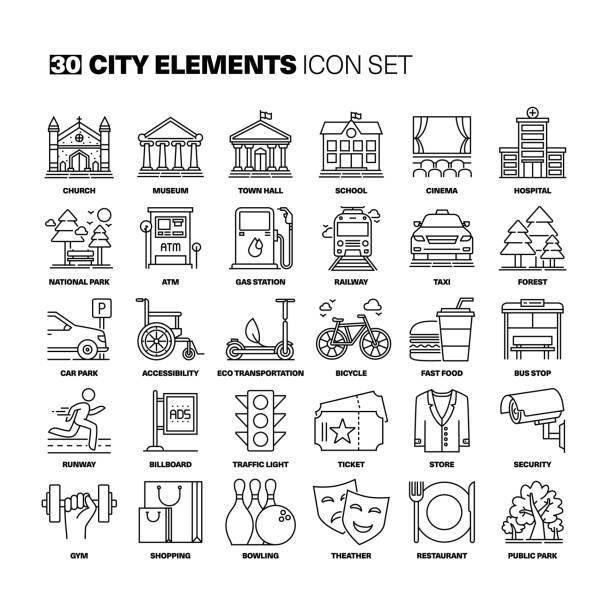 City Elements Line Icons Set vector art illustration