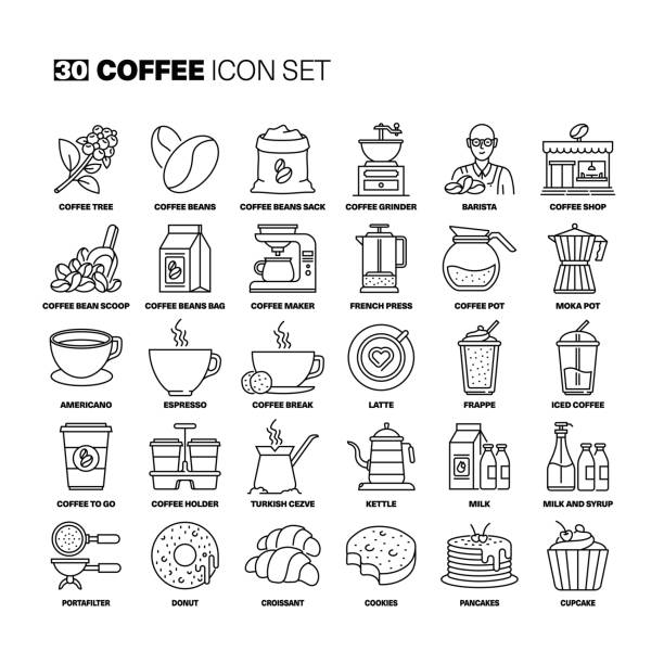 illustrazioni stock, clip art, cartoni animati e icone di tendenza di set di icone della linea del caffè - coffee coffee bean coffee grinder cup