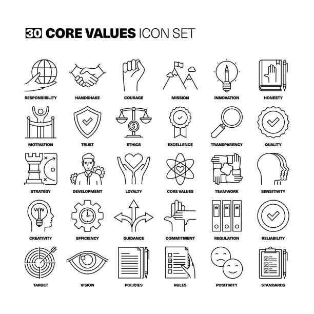 ilustrações de stock, clip art, desenhos animados e ícones de core values line icons set - dedication