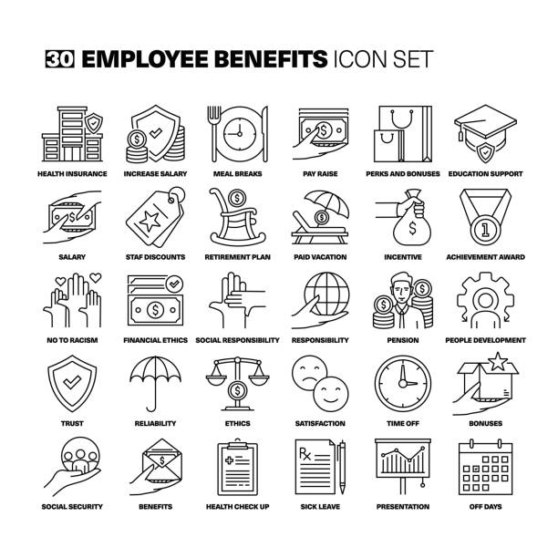 ilustrações de stock, clip art, desenhos animados e ícones de employee benefits line icons set - pension retirement benefits perks