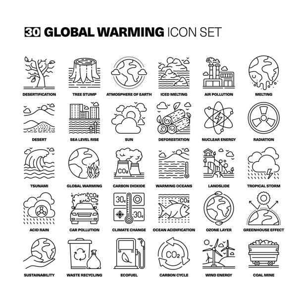illustrazioni stock, clip art, cartoni animati e icone di tendenza di set di icone della linea di riscaldamento globale - acid rain
