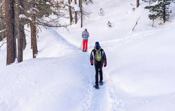 двое мужчин катаются на снегоступах в порошковом с�негу по тропе в лесу. зимняя активность на свежем воздухе и здоровый образ жизни - snowshoeing hiking mountain winter стоковые фото и изображения