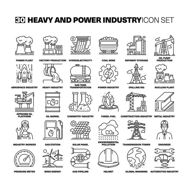 Vector illustration of Heavy and Power Industry Line Icons Set