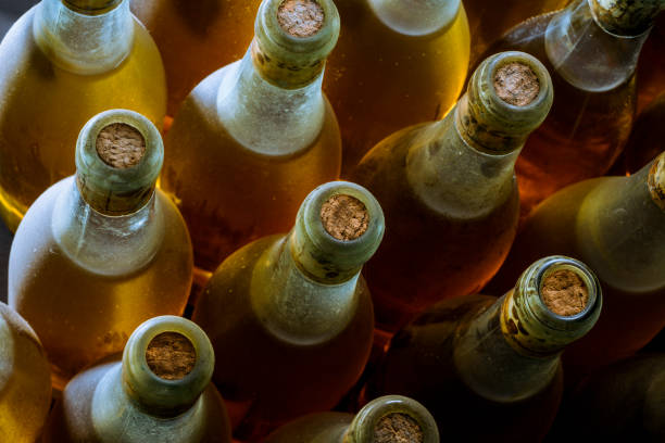 vin blanc en bouteille - dust old cabernet sauvignon grape aging process photos et images de collection