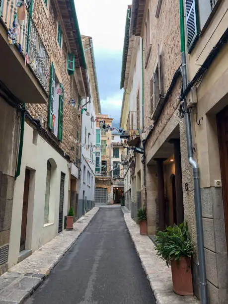 View of a narrow street at the old town of Sóller in Majorca, Balearic Islands, Spain
