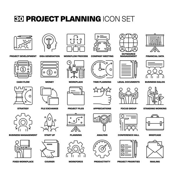 projektplanung linie icons set - efficiency finance computer icon symbol stock-grafiken, -clipart, -cartoons und -symbole