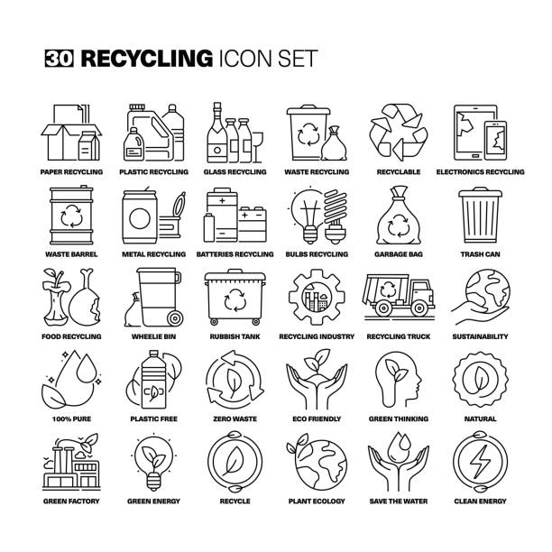 ilustraciones, imágenes clip art, dibujos animados e iconos de stock de conjunto de iconos de línea de reciclaje - símbolo de reciclaje