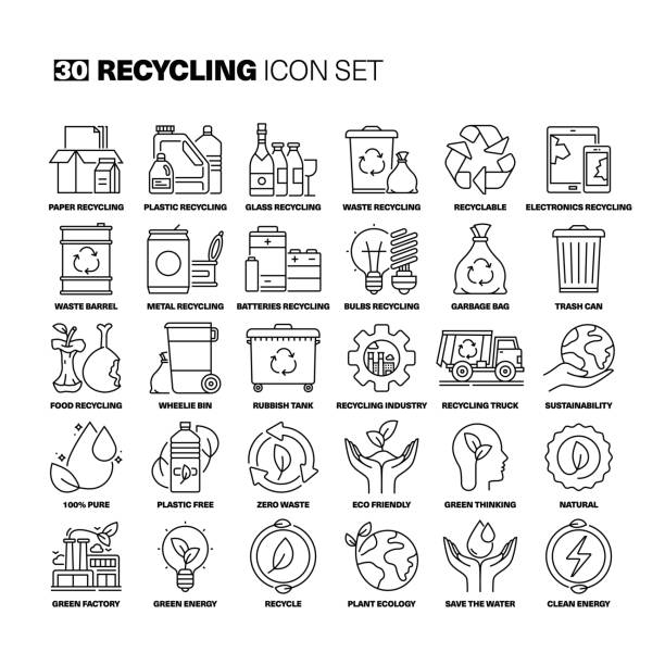 recycling line icons set - atık yönetimi stock illustrations