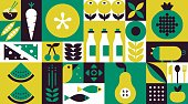 istock Food geometric mosaic background. Natural organic fruit vegetable pattern simple swiss bauhaus style. Vector illustration 1386506557