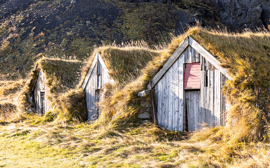 Farm buildings and outhouses built into the hillside in southern Iceland. These turf houses are traditional and built to insulate against the cold harsh winters.