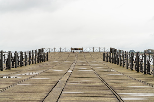Huelva, Spain - 14 March, 2022: A detail view of the historic Rio Tinto pier in Huelva