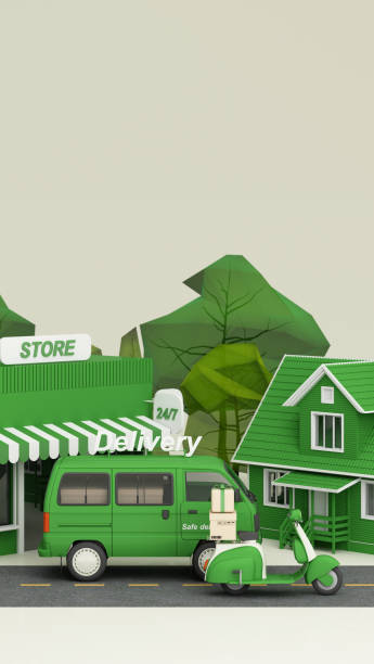 istock E-commerce concept, Delivery service from front store to home, Transportation delivery by Vans, truck and motorbike scooter and product packages, gift boxes, tree low polygon green tone 3d rendering 1386508245