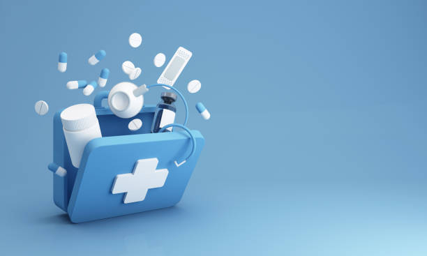 simple open blue first aid kit with medicines for drugstore category includes wound bandage, pill box, stethoscope, and vaccine with and lots of pills and capsules. on blue 3d render illustration - first aid kit imagens e fotografias de stock