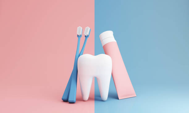 istock White teeth, toothbrush and toothpaste tube for product presentation isolated on blue and pink background, in concept of Oral Health and Dental Care and Oral Care. 3d rendering 1386508917