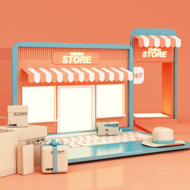 Marketplace online illustration, 3d style internet multi vendor store on laptop computer and phone screen with multi vendor stores Shop sign in orange tones and open 24 hours 3d rendering illustration ilustración en línea del mercado, tienda de múltiples proveedores de internet de estilo 3d en la computadora portátil y la pantalla del teléfono con tiendas de múltiples proveedores inicio de sesión en tonos naranjas y abierto 24 horas ilustración