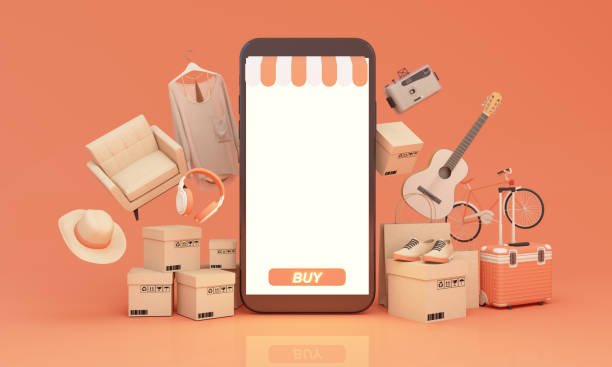 istock Online shopping website mobile application digital marketing store on mobile phone screen showcase display It consists of product boxes, clothes, shoes, furniture, gadgets and gift boxes. 3d rendering 1386509160