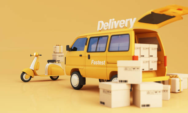koncepcja e-commerce, usługa dostawy w aplikacji mobilnej, dostawa transportu samochodami dostawczymi, skuter ciężarowy i motocykl oraz pakiety produktów, pudełka upominkowe żółty odcień renderowania 3d - shipping room zdjęcia i obrazy z banku zdjęć