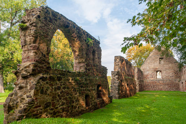 Nimbschen Monastery ruins in Saxony The ruins of the monastery church in Nimbschen, a former Cistercian abbey near Grimma in the Saxon district of Leipzig on the Mulde River in Germany. important monument of the Reformation. grimma stock pictures, royalty-free photos & images