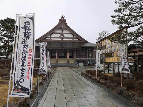 31 march 2019 - Takayama, Japan: Outside view of Shorenji temple in Takayama in a rainy day