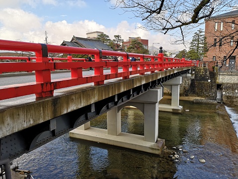 4 april 2019 - Takayama, Japan: Nakabashi red bridge in Takayama old