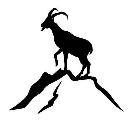 Mountain goat and mountains. Black silhouette.