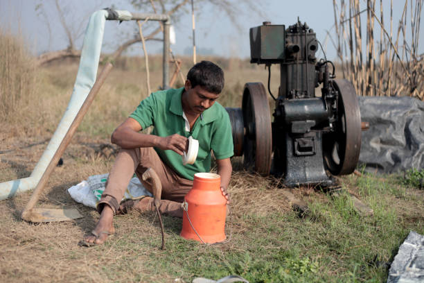 Rural farmer sitting portrait in the field outdoor in nature.