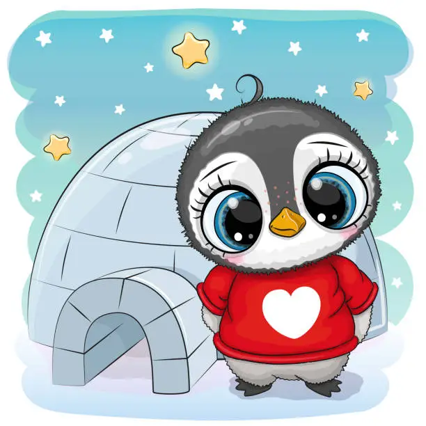 Vector illustration of Cartoon Penguin stands near the igloo