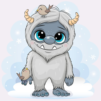 Cute Cartoon Yeti with two birds on the snow background