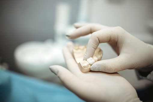 Dentist holding ceramic model of tooth and piggy bank on light background, closeup. Expensive treatment