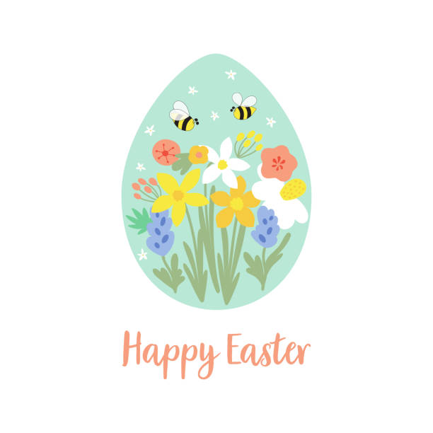 ilustrações de stock, clip art, desenhos animados e ícones de floral easter egg decorative element isolated on white. happy easter card. spring holiday. vector illustration. - field image computer graphic bee