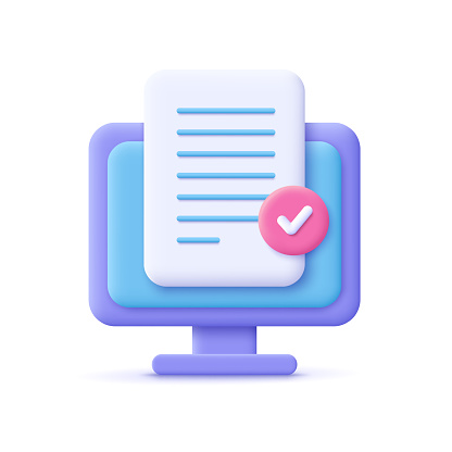 Document file with approved check mark on computer screen. 3d vector icon. Cartoon minimal style.