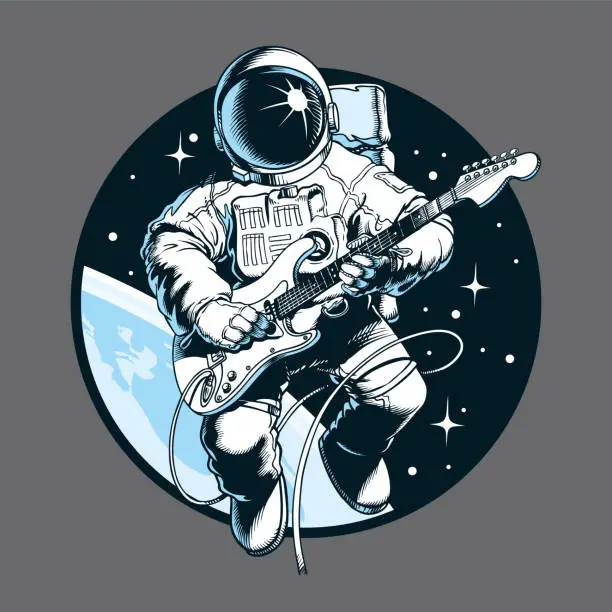 Vector illustration of Astronaut playing electric guitar in space. Space tourist. Vector illustration.