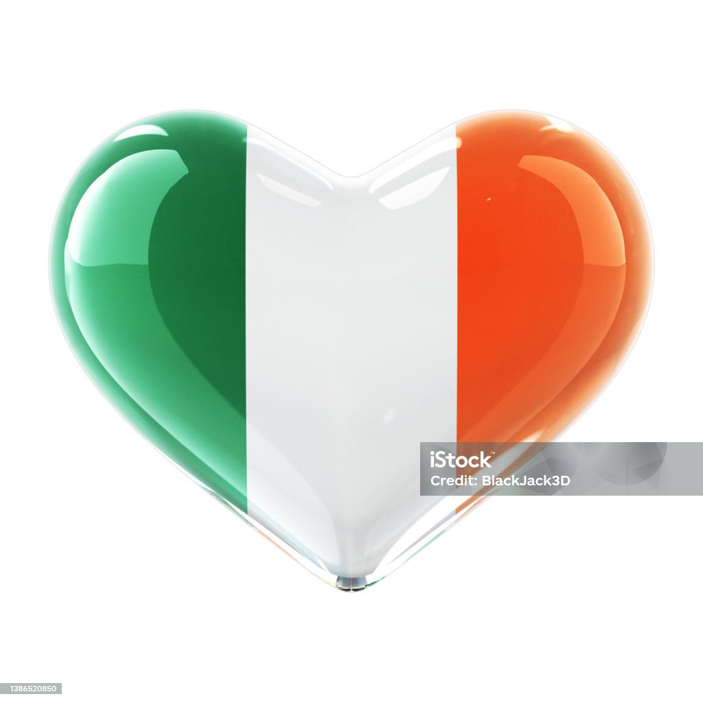 Glass Heart Flag. Ireland Isolated on the white background. 3D Render Abstract Stock Photo
