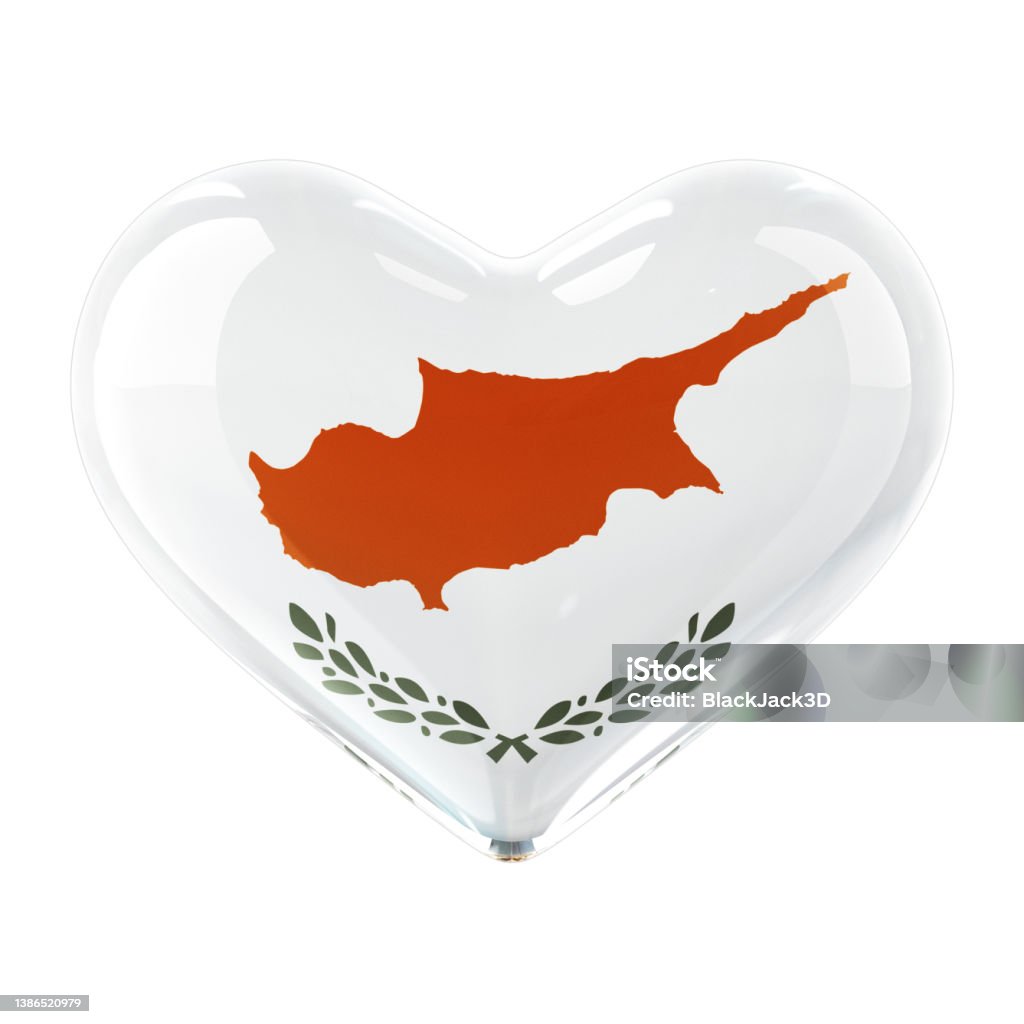 Glass Heart Flag. Cyprus Isolated on the white background. 3D Render Abstract Stock Photo