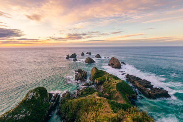 tokata nugget point, die catlins, winter sonnenaufgang - green sky water wave stock-fotos und bilder