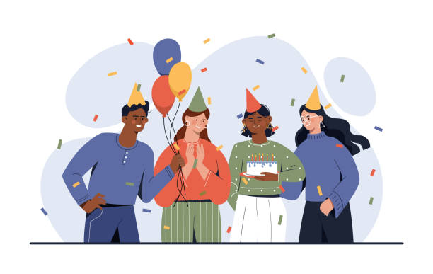 Celebrating birthday or anniversary concept Celebrating birthday or anniversary concept. Young men and women with cake, confetti, balloons and festive hats. Happy holiday or party. Design for postcard. Cartoon flat vector illustration happy birthday best friend stock illustrations
