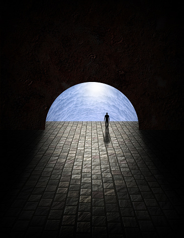 Mystery Man in Tunnel. Modern art. 3D rendering