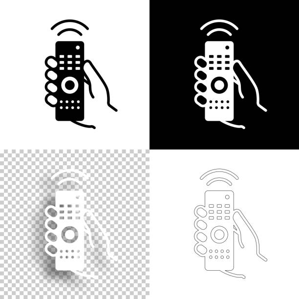ilustraciones, imágenes clip art, dibujos animados e iconos de stock de mano con mando a distancia. icono para el diseño. fondos en blanco, blancos y negros - icono de línea - tv signal